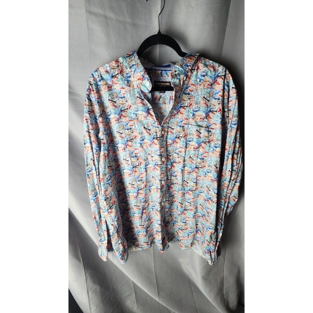 Johnston & Murphy Mens XXL Passport Stamp Print Cotton Button Down Shirt Travel